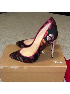 Christian Louboutin Black Pointed Pumps with Pink and Metallic Floral Embroidery